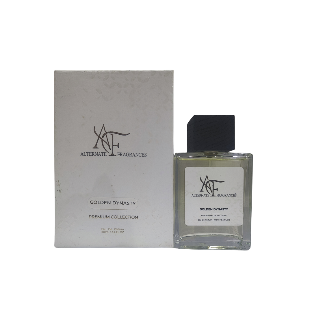 Golden Dynasty EDP by Rini Deals, elegant perfume bottle with golden accents, showcasing luxurious packaging and design.