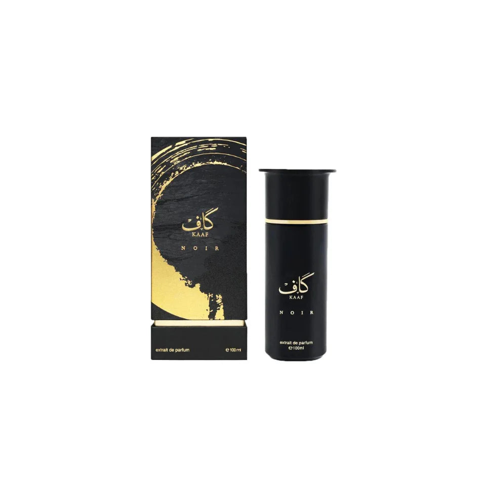 Ahmed Al Maghribi Kaaf Noir Extrait De Parfum 100ml bottle for men and women, elegant glass perfume container.