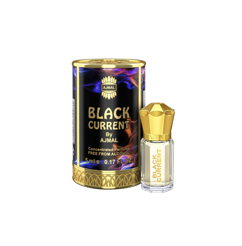 Ajmal Black Current concentrated perfume oil for women, featuring a sleek glass bottle and dark liquid inside.