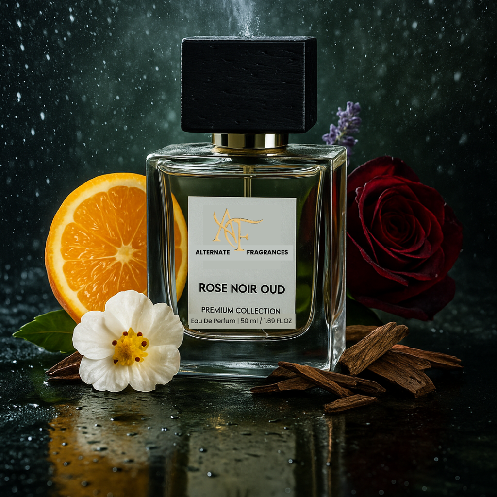 Luxurious Rose Noir Oud EDP by Rini Deals featuring a dark, elegant perfume bottle with floral and woody notes.