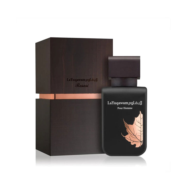 Rasasi La Yuqawam Pour Homme Eau De Parfum bottle, 75ml, with sleek design and label visible for men's fragrance product.