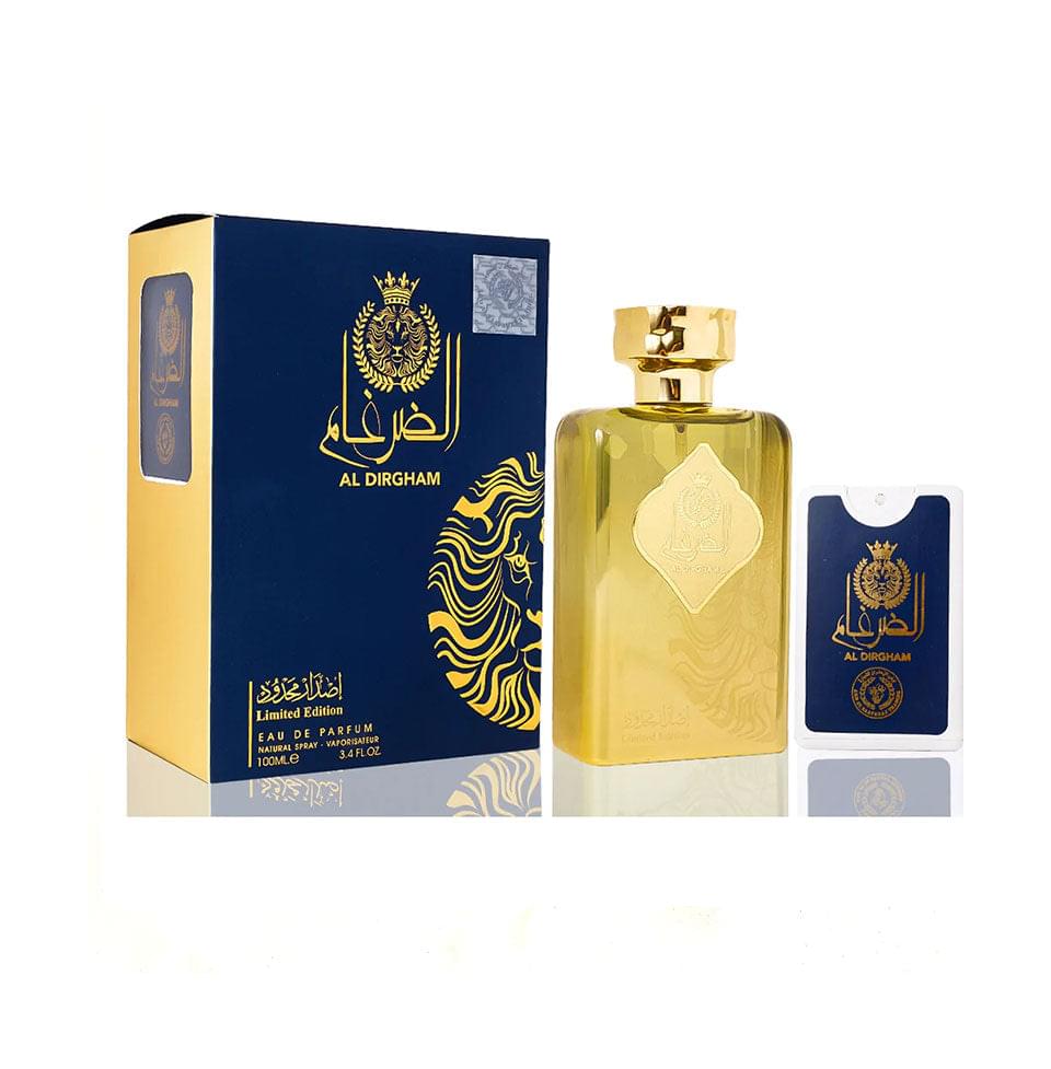 Ard Al Zaafaran AL Dirgham perfume bottle for men and women, 100ml, featuring elegant packaging and classic fragrance design.