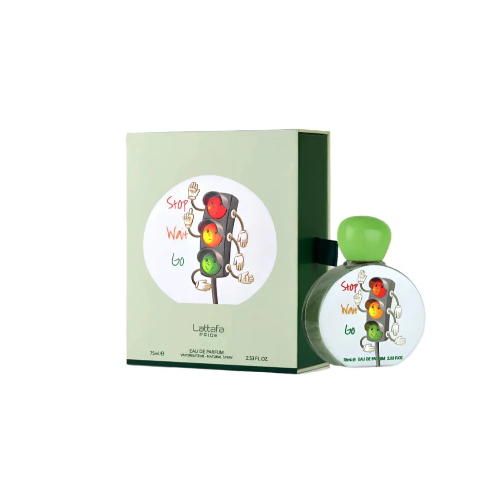 Lattafa Pride Stop Wait Go kids perfume bottle, 75ml, with colorful label and playful design, for children’s fragrance.