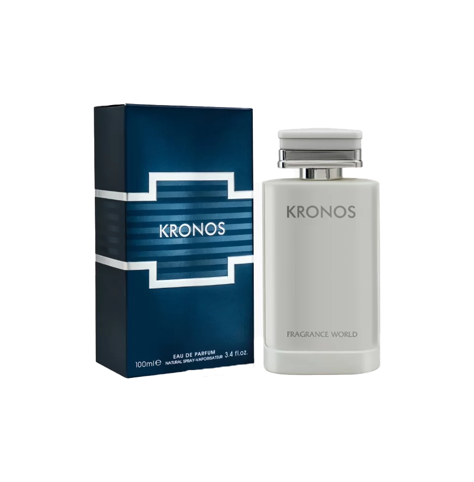 Fragrance World Kronos Eau de Parfum for men, 100ml bottle with sleek black and gold design, showcasing the men's fragrance packaging.