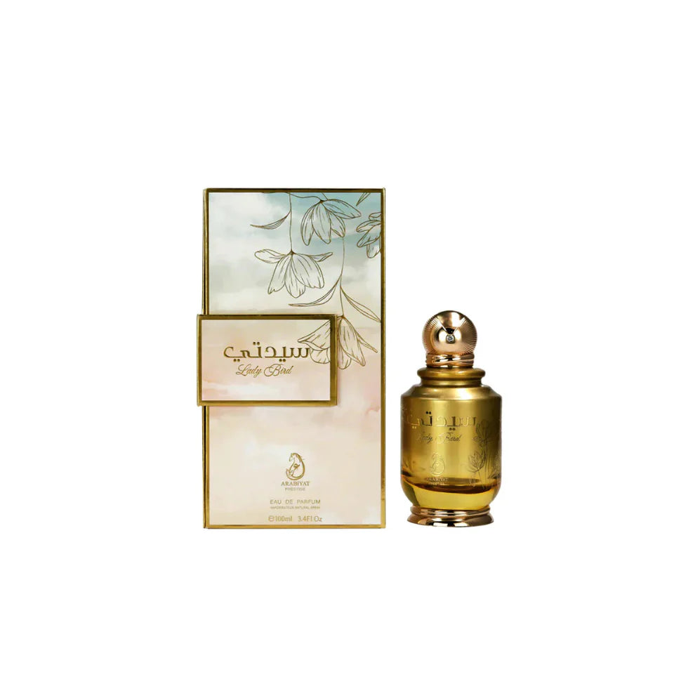 Arabiyat Prestige Lady Bird Eau De Parfum 100ml for women, featuring elegant bottle design and floral fragrance details.