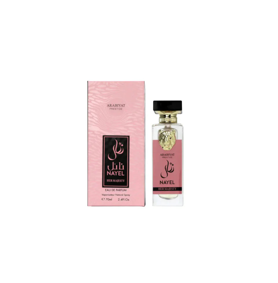Arabiyat Prestige Nayel Her Majesty Eau De Parfum for women in 70ml bottle, elegant glass bottle with floral accents