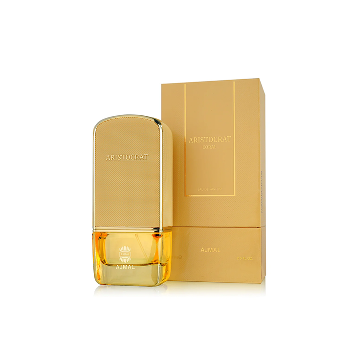 Ajmal Aristocrat Coral Eau De Parfum for women, featuring a sleek glass bottle with a coral-colored liquid and elegant cap.