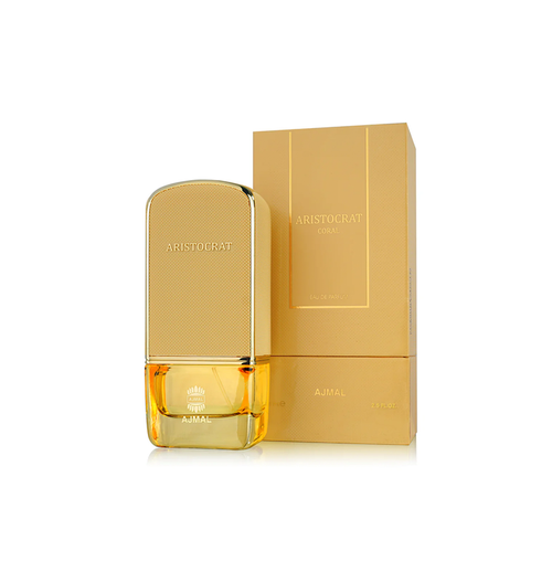 Ajmal Aristocrat Coral Eau De Parfum for women, featuring a sleek glass bottle with a coral-colored liquid and elegant cap.