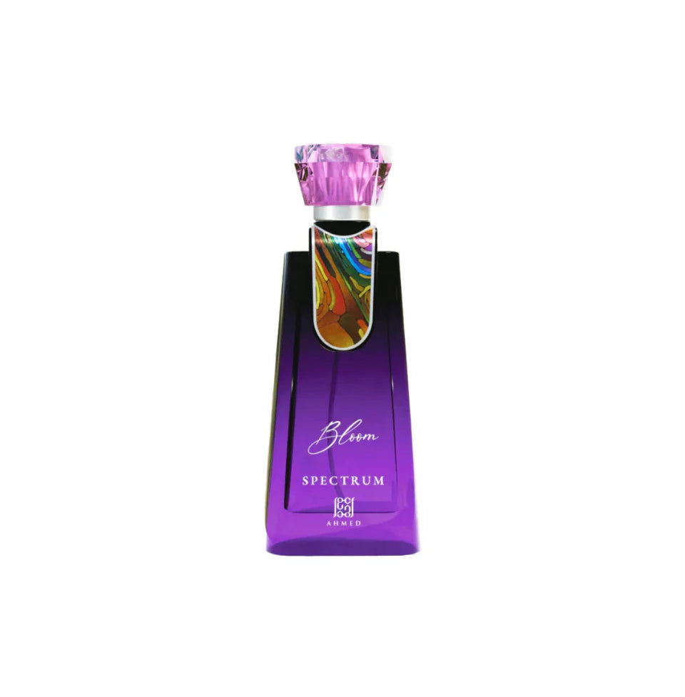 Ahmed Al Maghribi Bloom Spectrum Eau De Parfum bottle for men and women, 100ml, with elegant floral design and clear glass container.