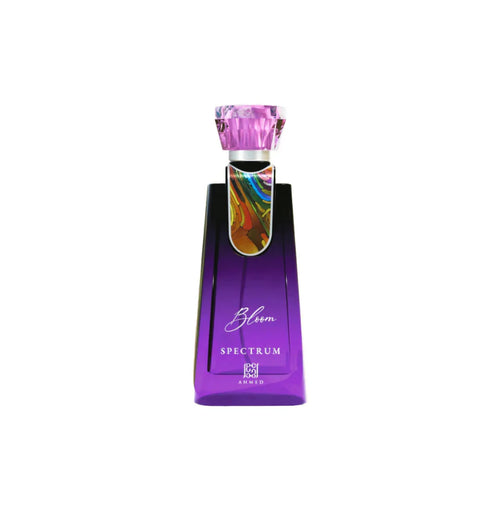Ahmed Al Maghribi Bloom Spectrum Eau De Parfum bottle for men and women, 100ml, with elegant floral design and clear glass container.