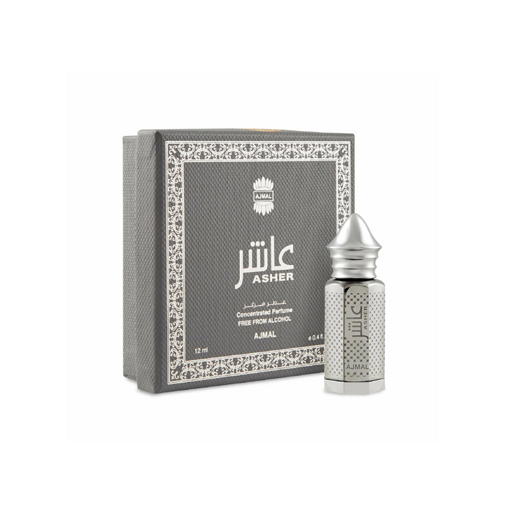 Ajmal Asher concentrated perfume oil for men and women, featuring a sleek bottle with elegant design and fragrance details visible.
