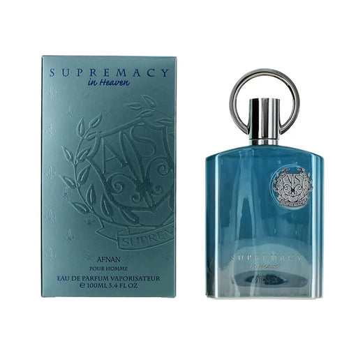 Afnan Supermacy In Heaven Eau De Parfum 100ml for men, featuring the perfume bottle with a sleek design and silver accents.