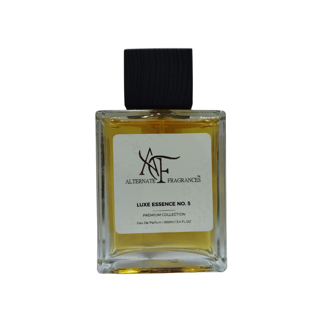 Elegant bottle of Luxe Essence No. 5 EDP perfume by Rini Deals, featuring a sleek design with a gold cap and delicate fragrance details.