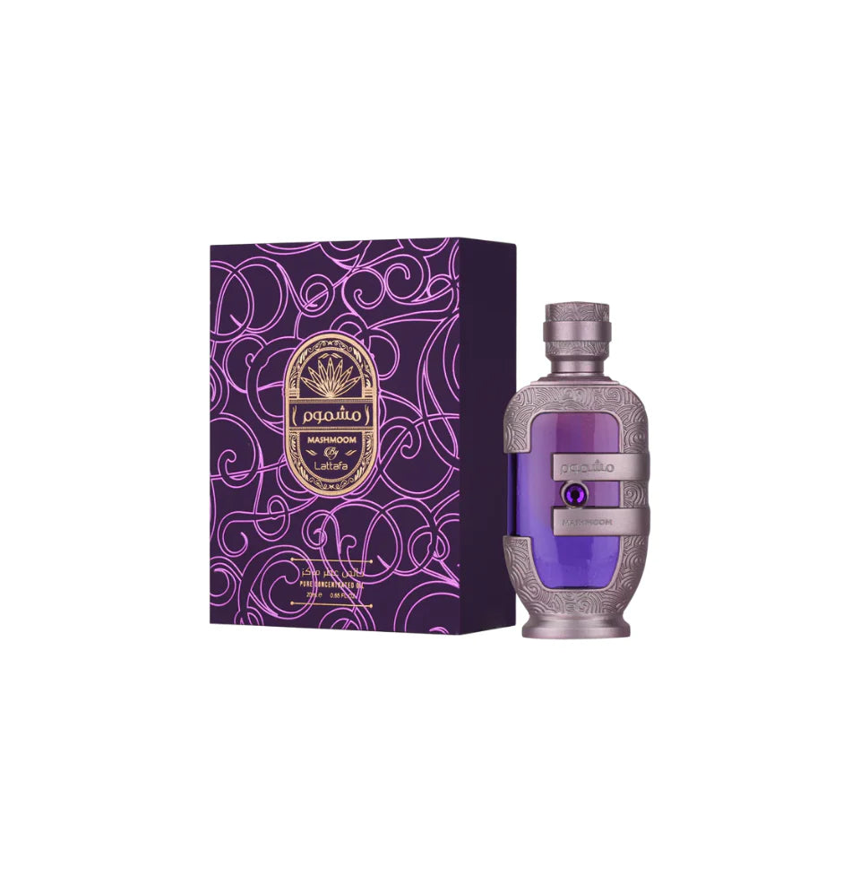 Lattafa Mashmoon concentrated perfume oil in 20ml bottle, unisex fragrance with elegant packaging and traditional design.