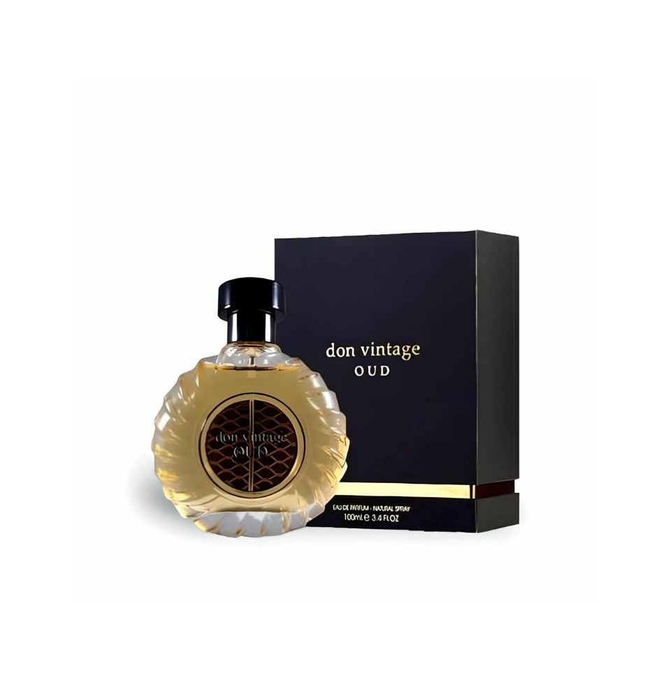 Fragrance World Don Vintage Oud men's eau de parfum bottle, 100ml with elegant design and dark amber liquid inside.