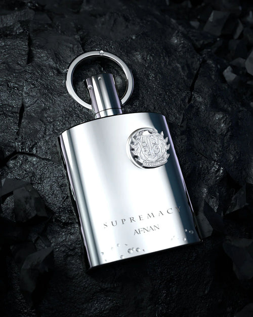 Afnan Supremacy Silver Pour Homme Eau De Parfum 100ml bottle with sleek silver design for men.