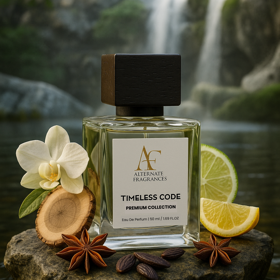 Rini Deals Timeless Code Eau de Parfum bottle with sleek design and clear branding, displayed on a neutral background.