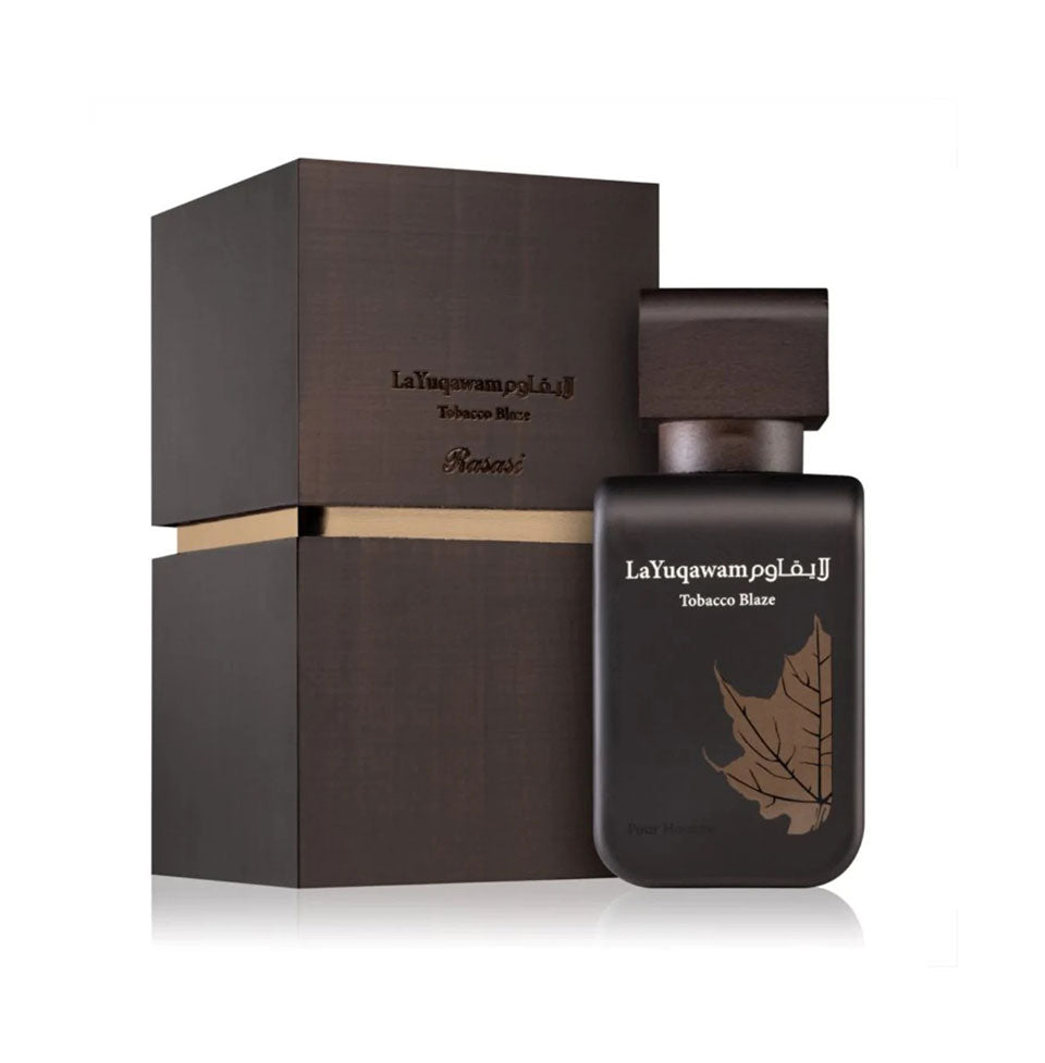 Rasasi La Yuqawam Tobacco Blaze men's Eau de Parfum bottle, 75ml with elegant packaging and fragrance details.