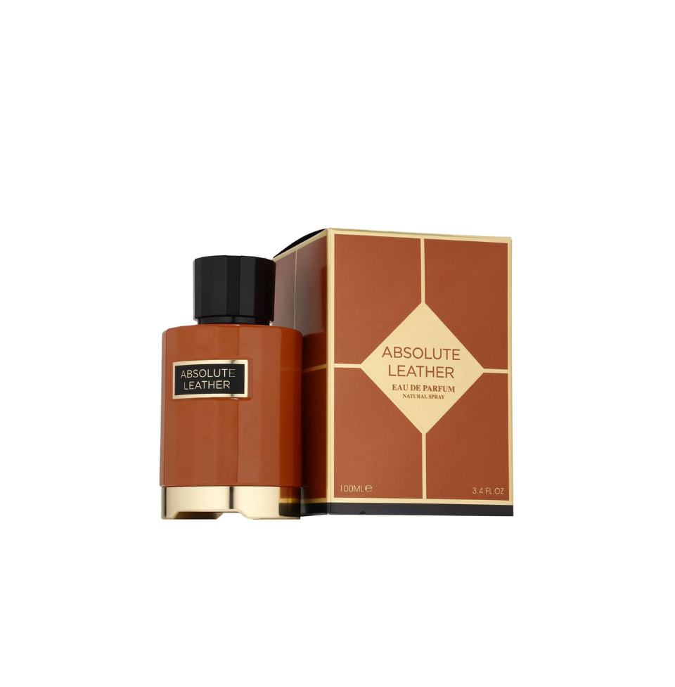 Fragrance World Absolute Leather Eau de Parfum 100ml for men and women, featuring a sleek bottle with leather-inspired design.