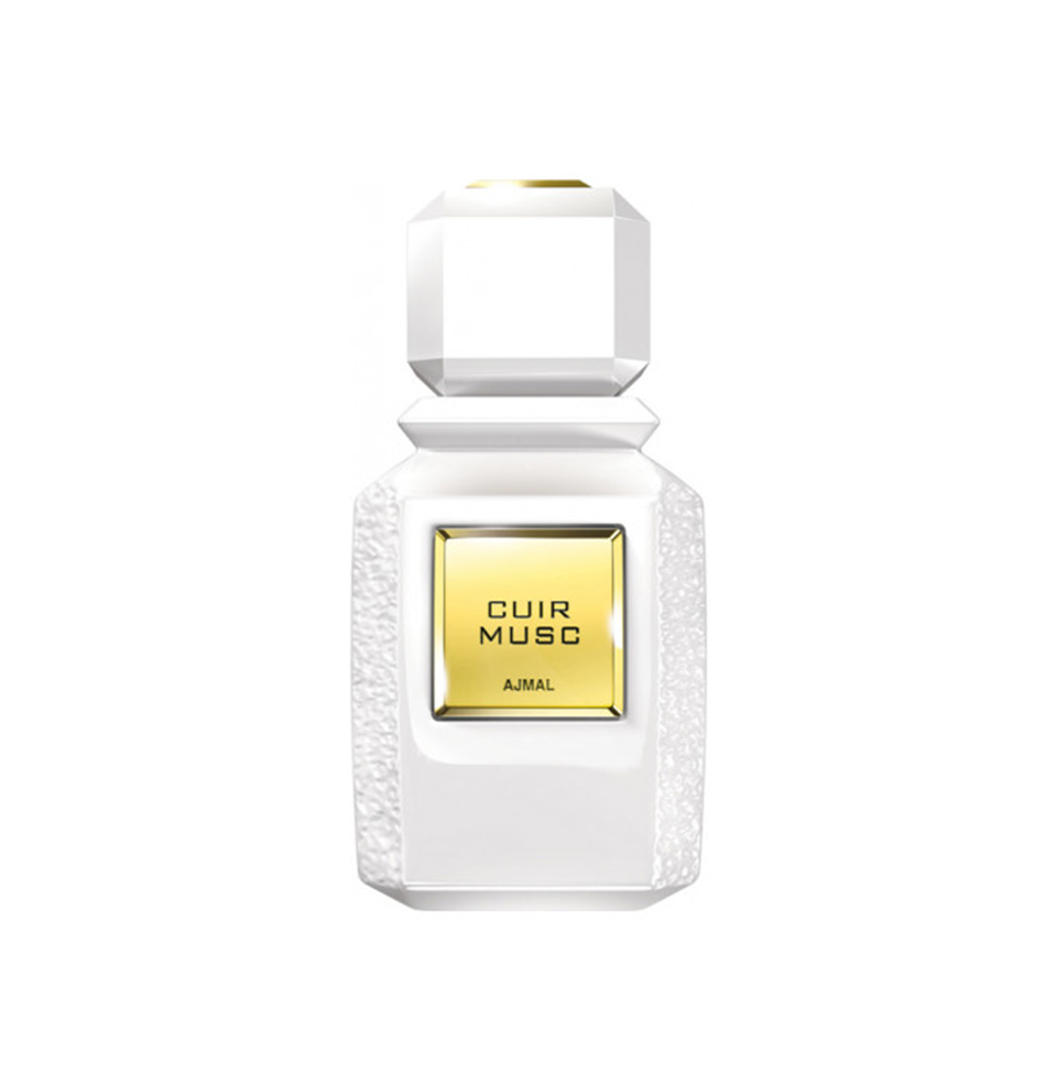 Ajmal Cuir Musc Eau de Parfum 100ml bottle for men and women, featuring a sleek glass design with a black cap.