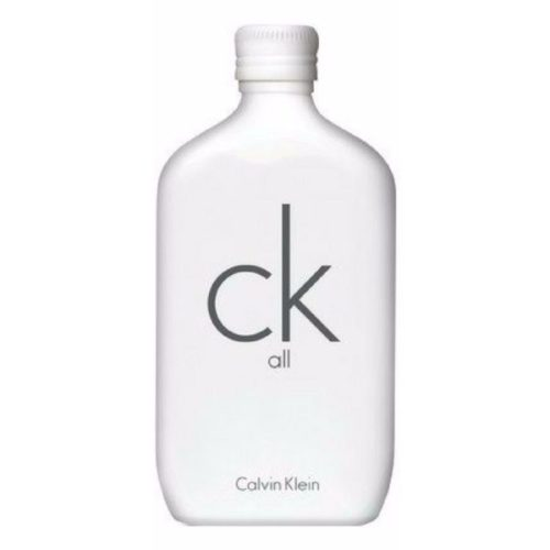 Calvin Klein CK All unisex EDT bottle with sleek transparent design and minimalist label, showcasing the fragrance inside.