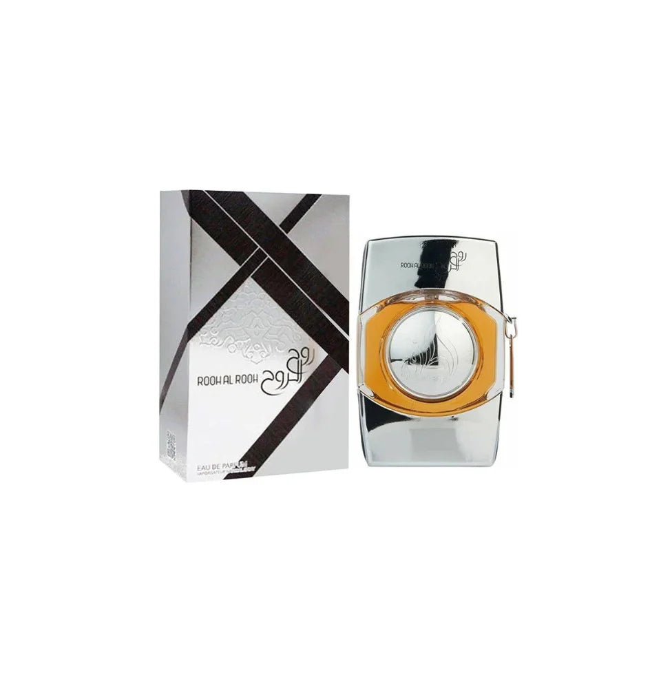 Lattafa Rooh Al Rooh Silver Eau De Parfum 100ml bottle for men and women, featuring a sleek silver design and elegant packaging.