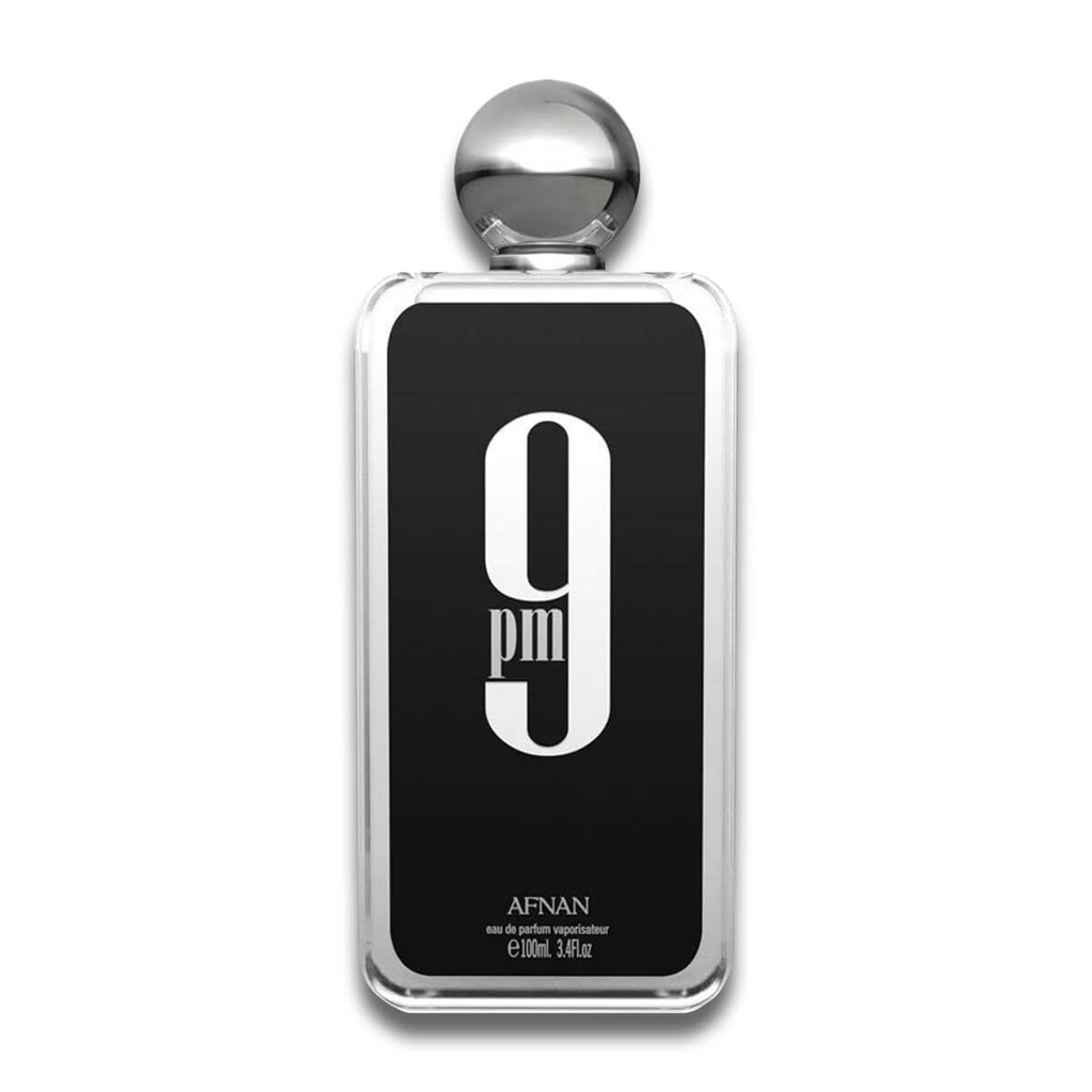 Afnan 9pm Eau De Parfum for Men 100ml bottle with black and gold packaging, showcasing the stylish fragrance container.