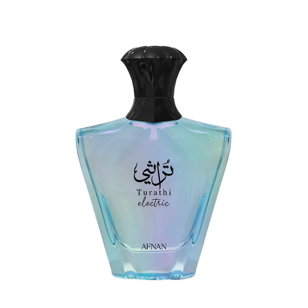 Afnan Turathi Electric unisex EDP perfume bottle with sleek design and silver accents, set against a neutral background.