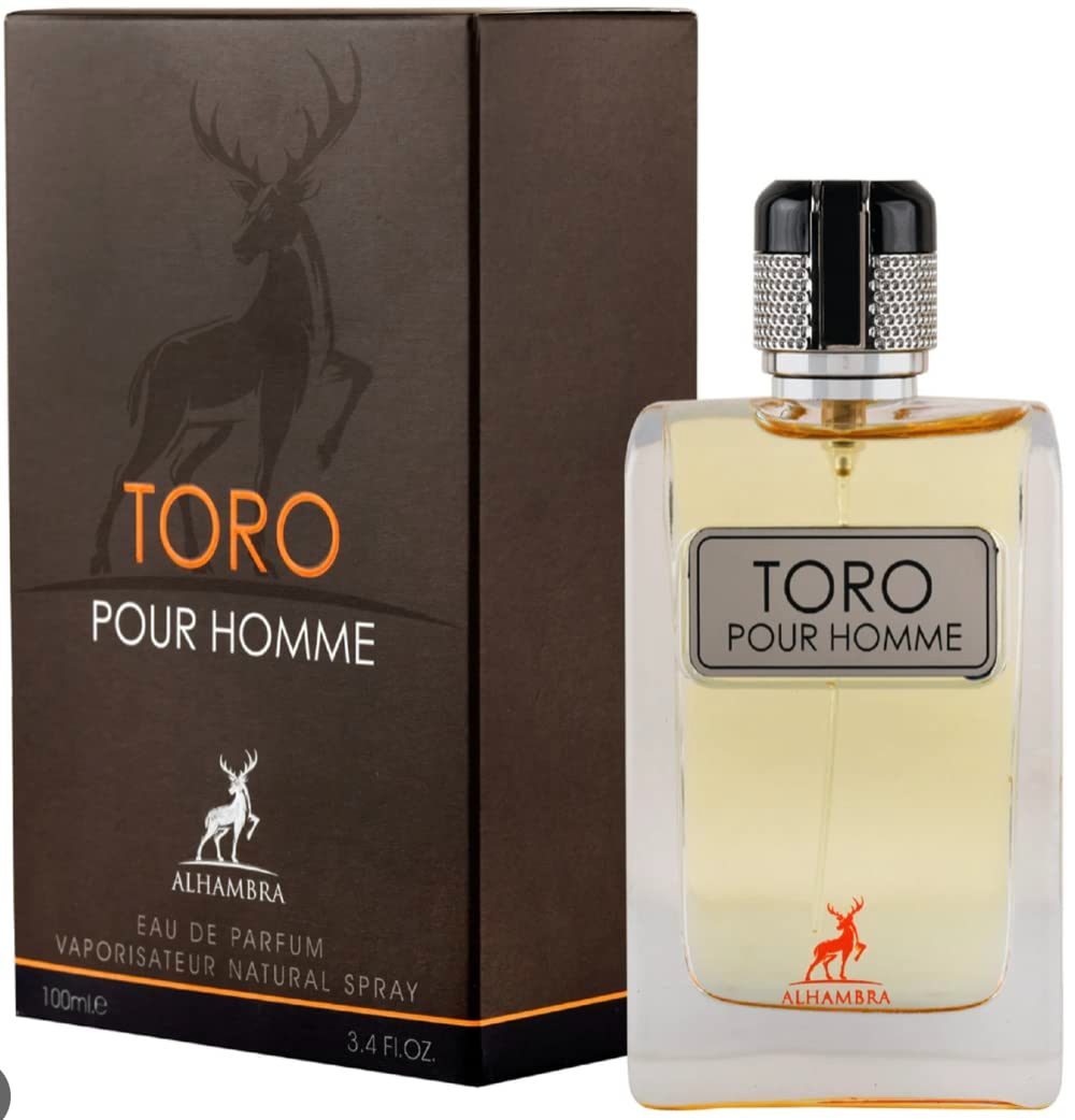 Alhambra Toro Pure Homme 100ml men's fragrance bottle with sleek design and silver cap, front view of the perfume container.