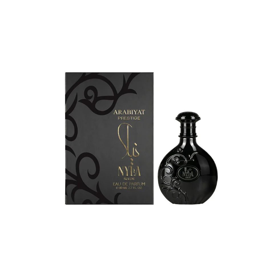 Arabiyat Prestige Nyla Suede Eau De Parfum bottle, 80ml, for men and women, with elegant design and suede fragrance notes.
