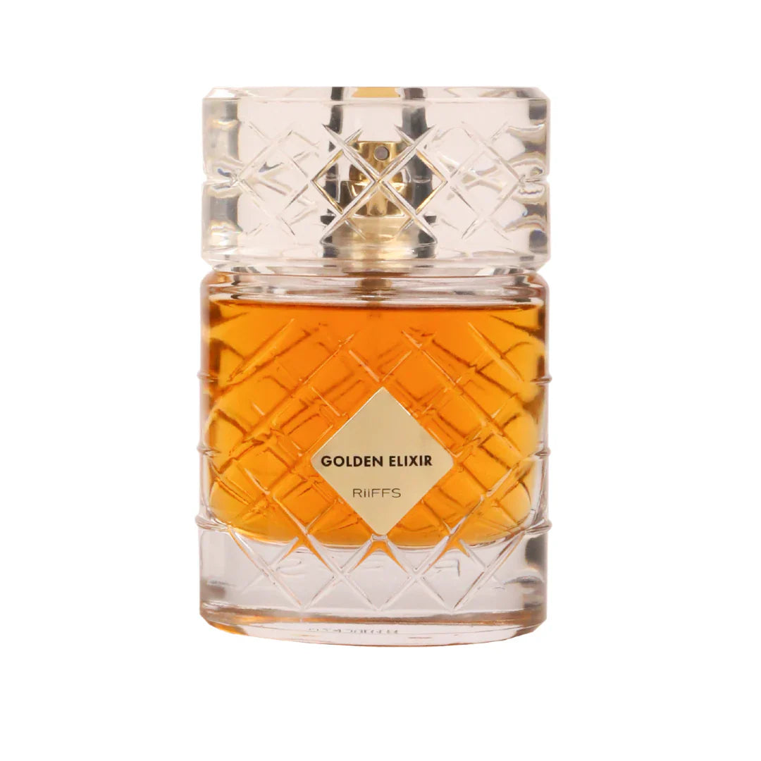 Riiffs Golden Elixir Eau De Parfum 100ml for men and women, featuring elegant glass bottle with golden accents.