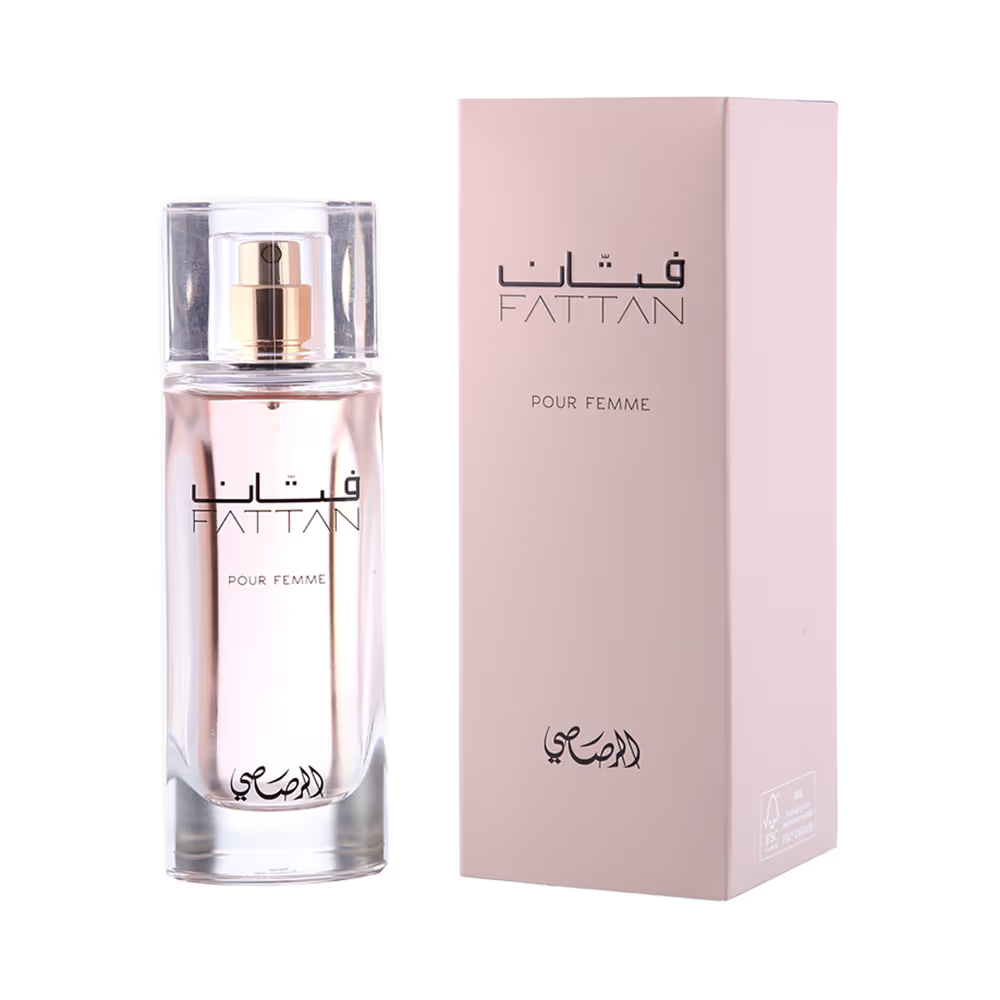 Rasasi Fattan Women Edp 50ml bottle with elegant packaging and floral perfume design.