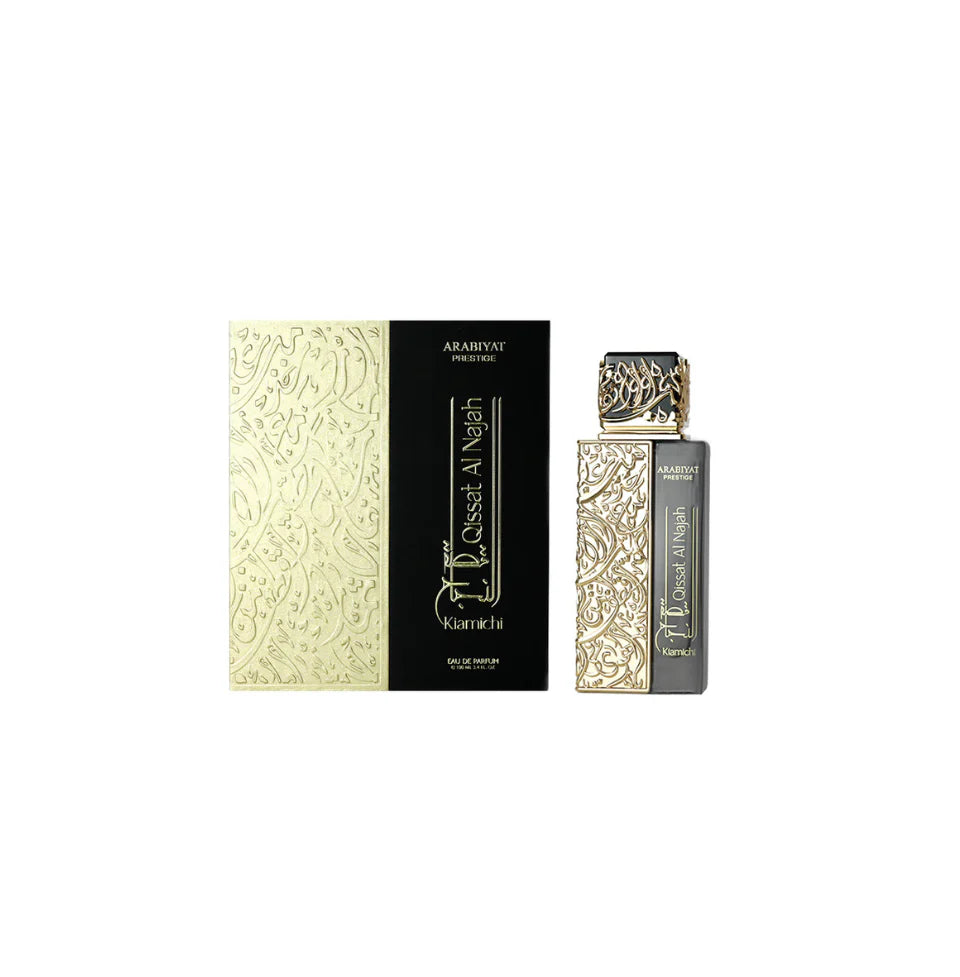 Arabiyat Prestige Qissat Al Najah Kiamichi Eau De Parfum for men in 100ml bottle, featuring elegant packaging and fragrance details.
