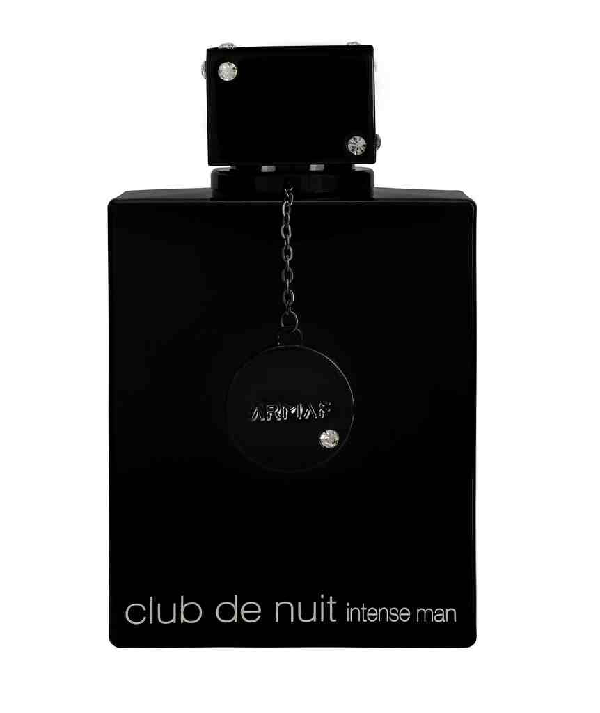 Armaf Club De Nuit 150ml parfum bottle with sleek black design and silver cap, shown from a side angle.