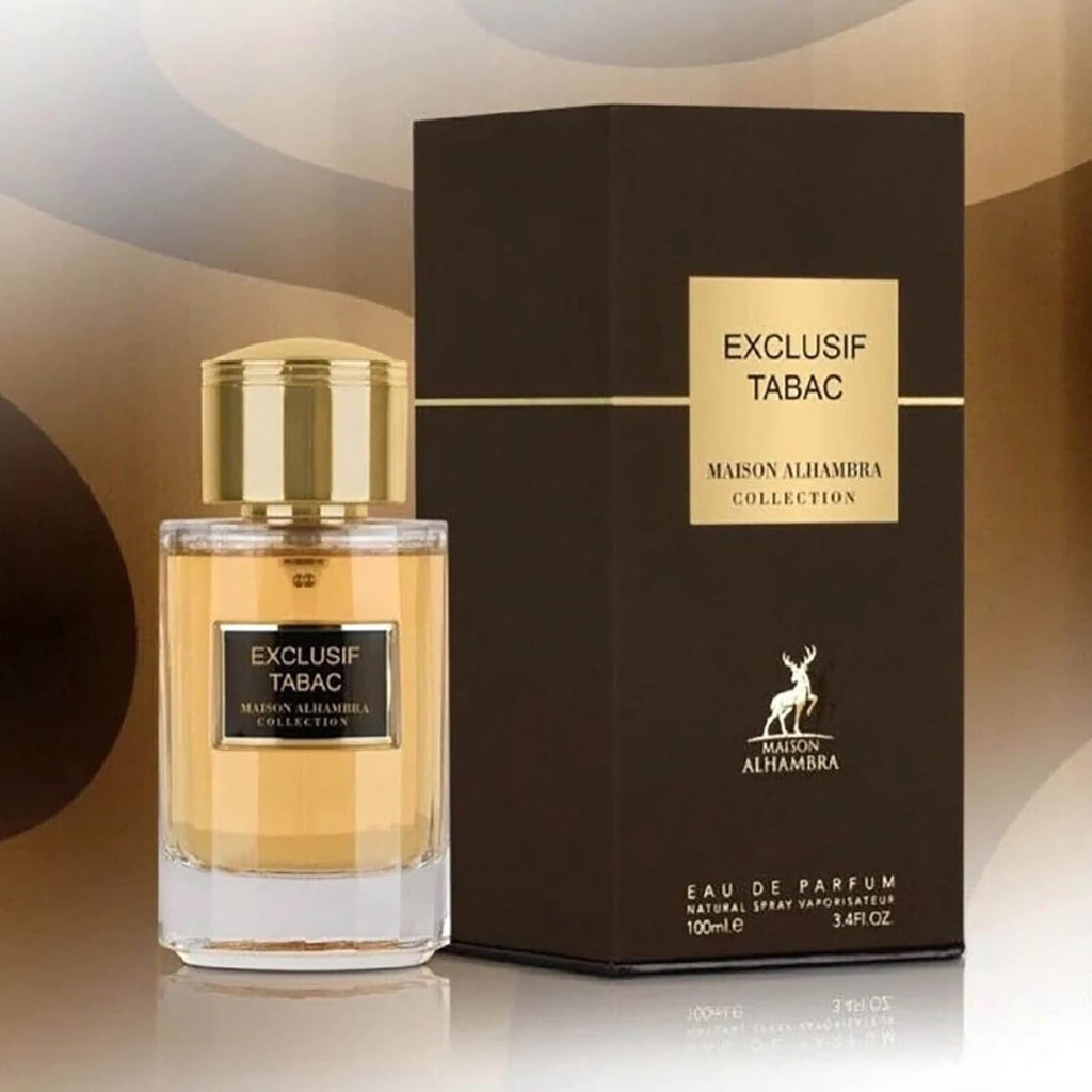 Alhambra Exclusif Tabac 100ml fragrance bottle with a sleek design, showcasing the elegant packaging and classic tobacco scent.