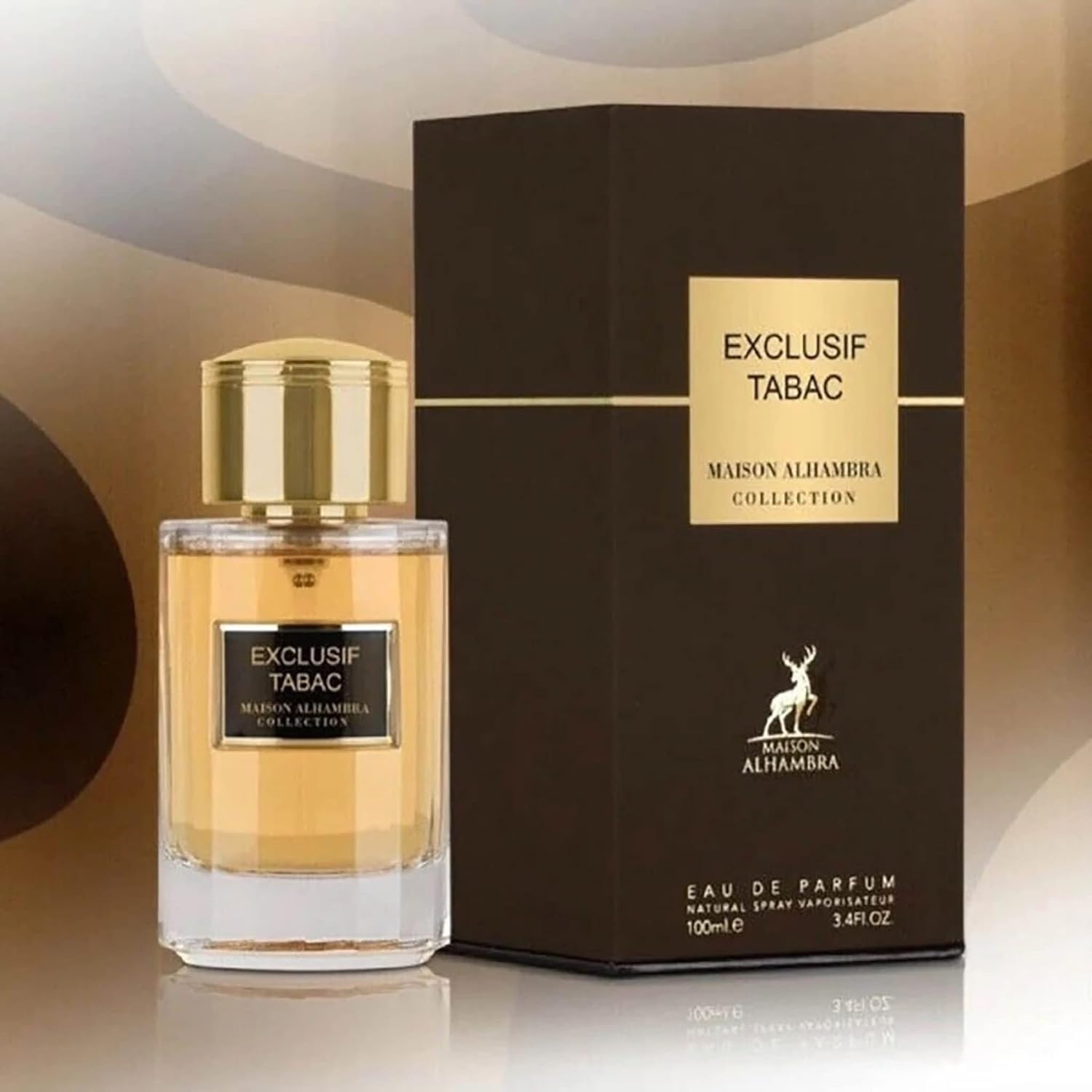 Alhambra Exclusif Tabac 100ml fragrance bottle with a sleek design, showcasing the elegant packaging and classic tobacco scent.