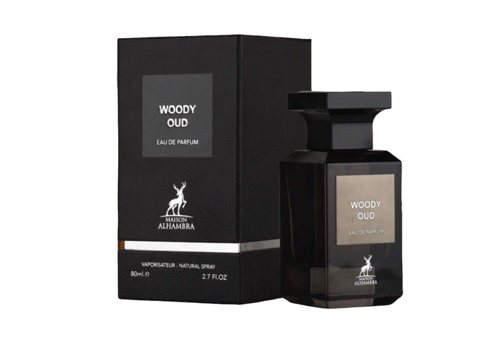Alhambra Woody Oud perfume bottle with 80ml size, featuring elegant packaging and a woody, oud scent.