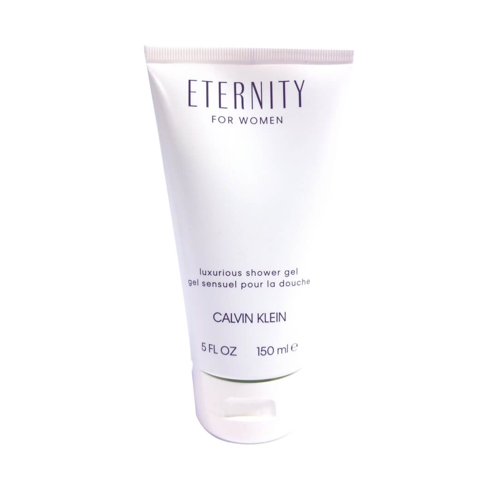 Calvin Klein CK Eternity shower gel for women with clear bottle and green liquid, featuring a minimalist label design.