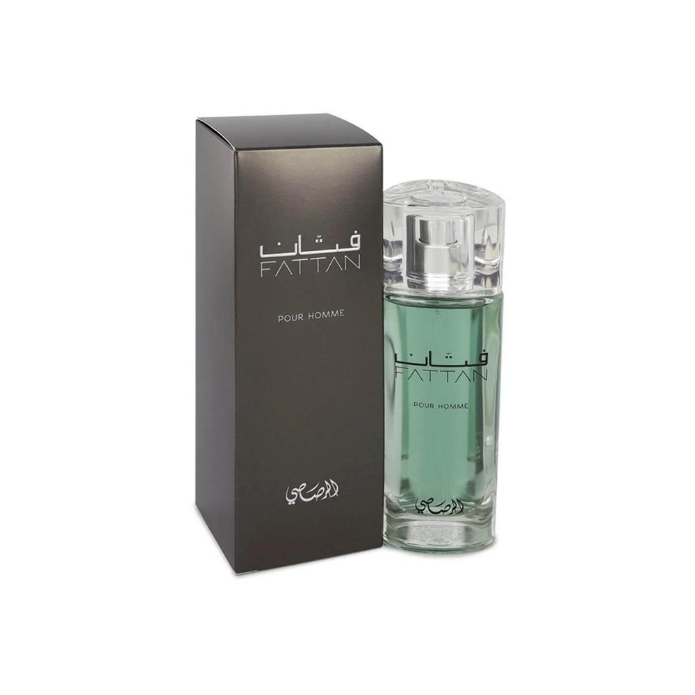 Rasasi Fattan Men Edp 50ml bottle with sleek black and gold packaging, showcasing the luxurious fragrance design.