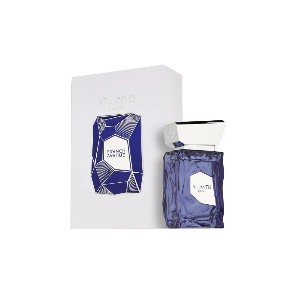 French Avenue Atlantis Extrait Eau De Parfum for men, 100ml bottle by Rini Deals, featuring sleek glass design and sophisticated scent.