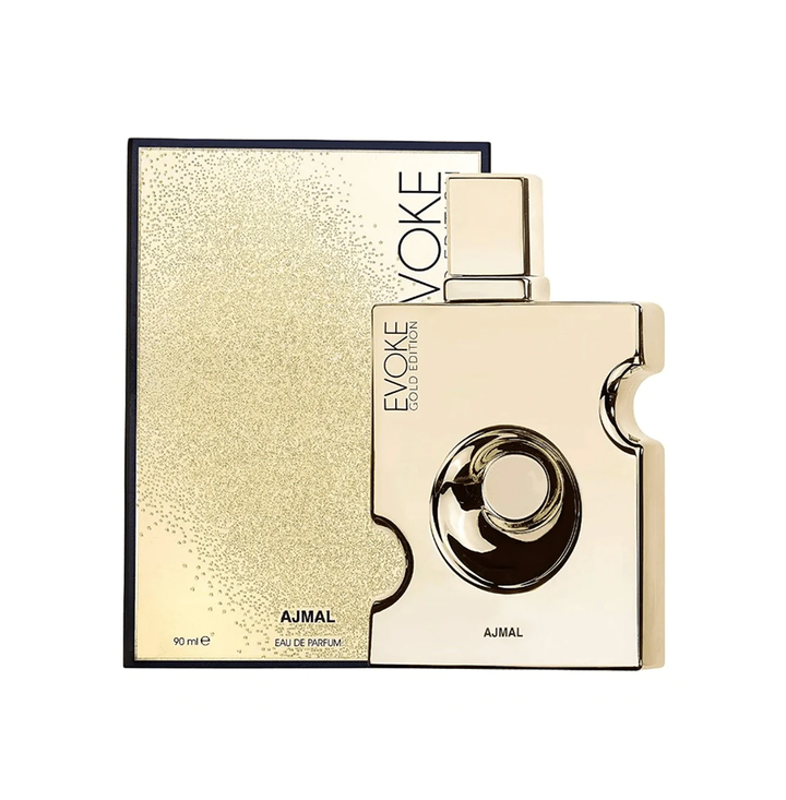 Ajmal Evoke Gold Edition Eau De Parfum for men, sleek bottle with gold accents, showcasing the premium fragrance design.