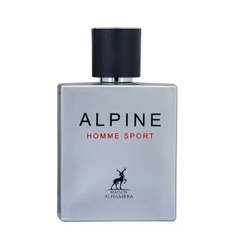 Alhambra Alpine Homme Sport 100ml perfume bottle with a sleek design and silver cap, displayed on a white background.