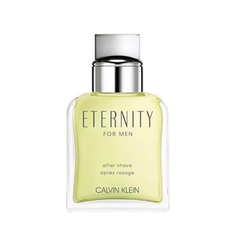 Calvin Klein Eternity after shave for men, featuring a sleek bottle with a silver cap and elegant label.
