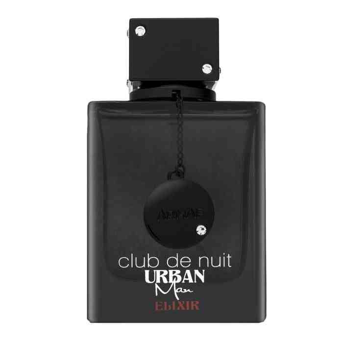 Armaf Club De Nuit Urban Man Elixir Eau De Parfum 105ml bottle with sleek black and silver design on a white background.