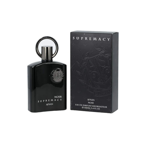 Afnan Supremacy Noir for Men Eau de Parfum 100ml bottle with sleek black design and silver accents.