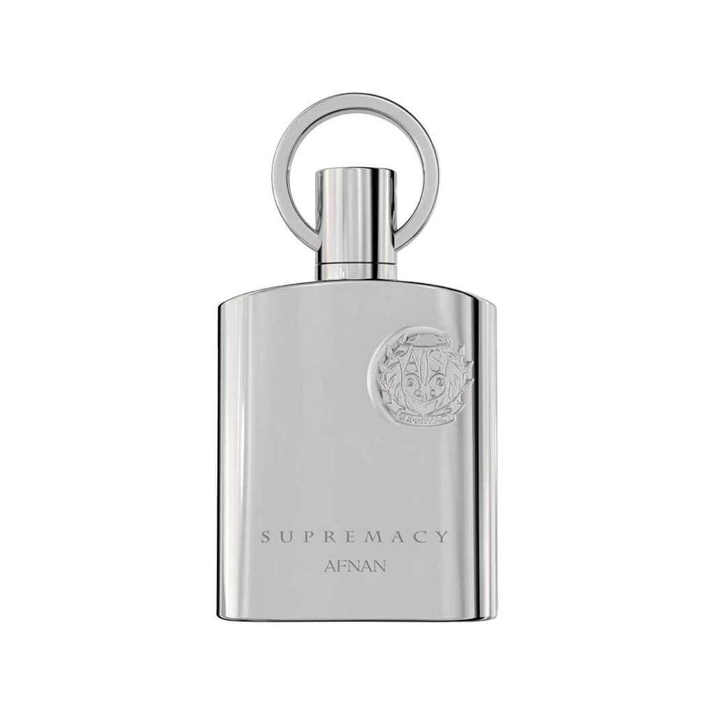 A bottle of Afnan Supremacy Silver men's Eau de Parfum with sleek silver packaging and a modern, minimalist design.