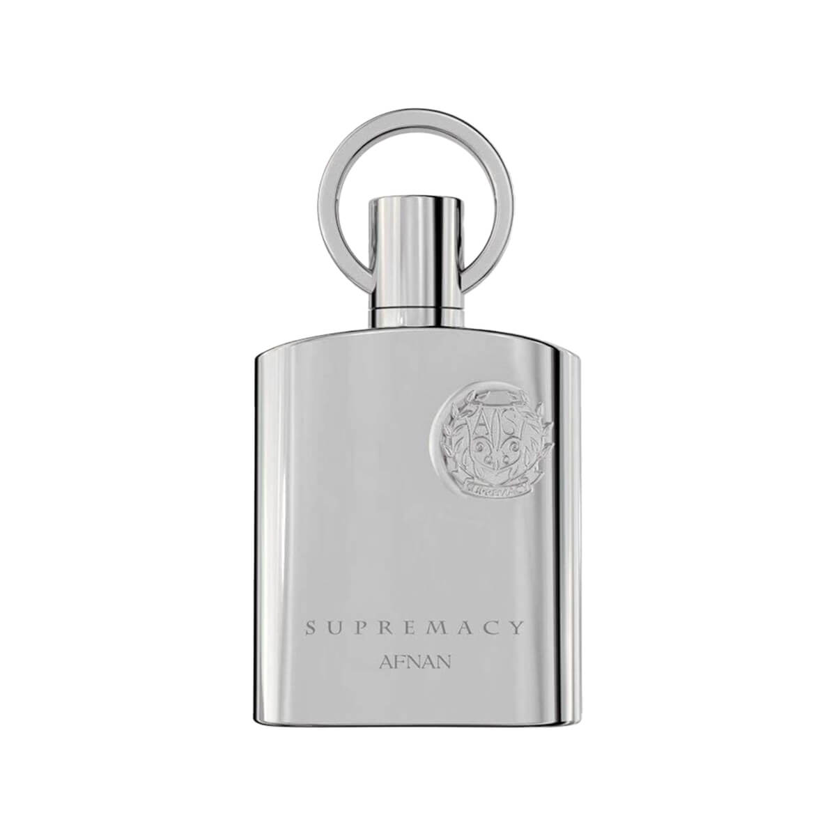 A bottle of Afnan Supremacy Silver men's Eau de Parfum with sleek silver packaging and a modern, minimalist design.