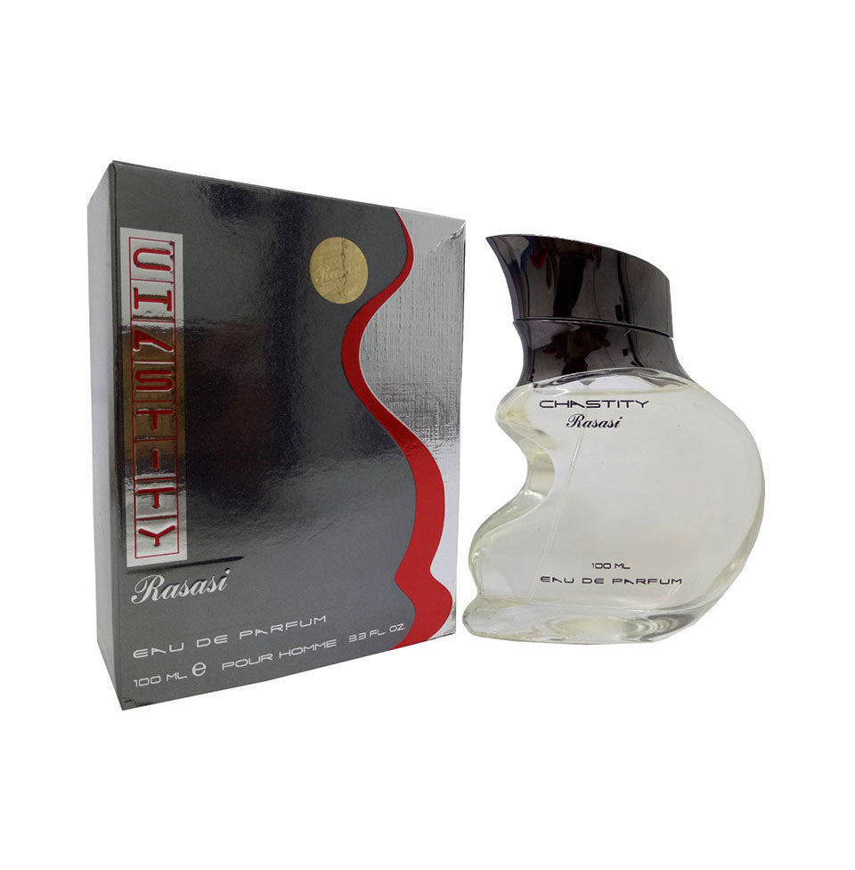 Rasasi Chastity Pour Homme Eau De Parfum 100ml bottle with sleek design, suitable for men seeking a sophisticated fragrance.