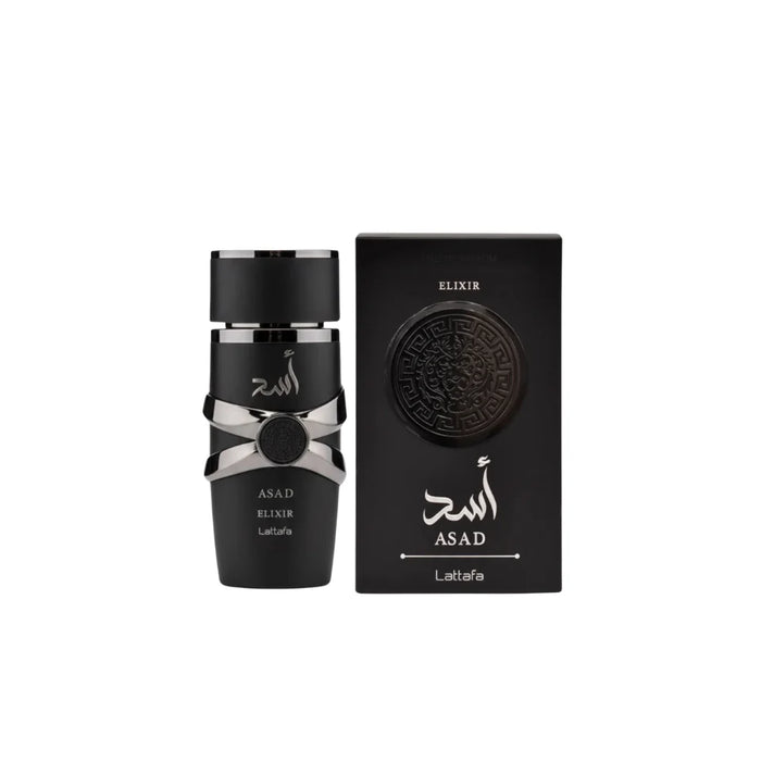 Lattafa Asad Elixir Eau De Parfum for men, 100ml bottle with elegant packaging and dark fragrance liquid visible.