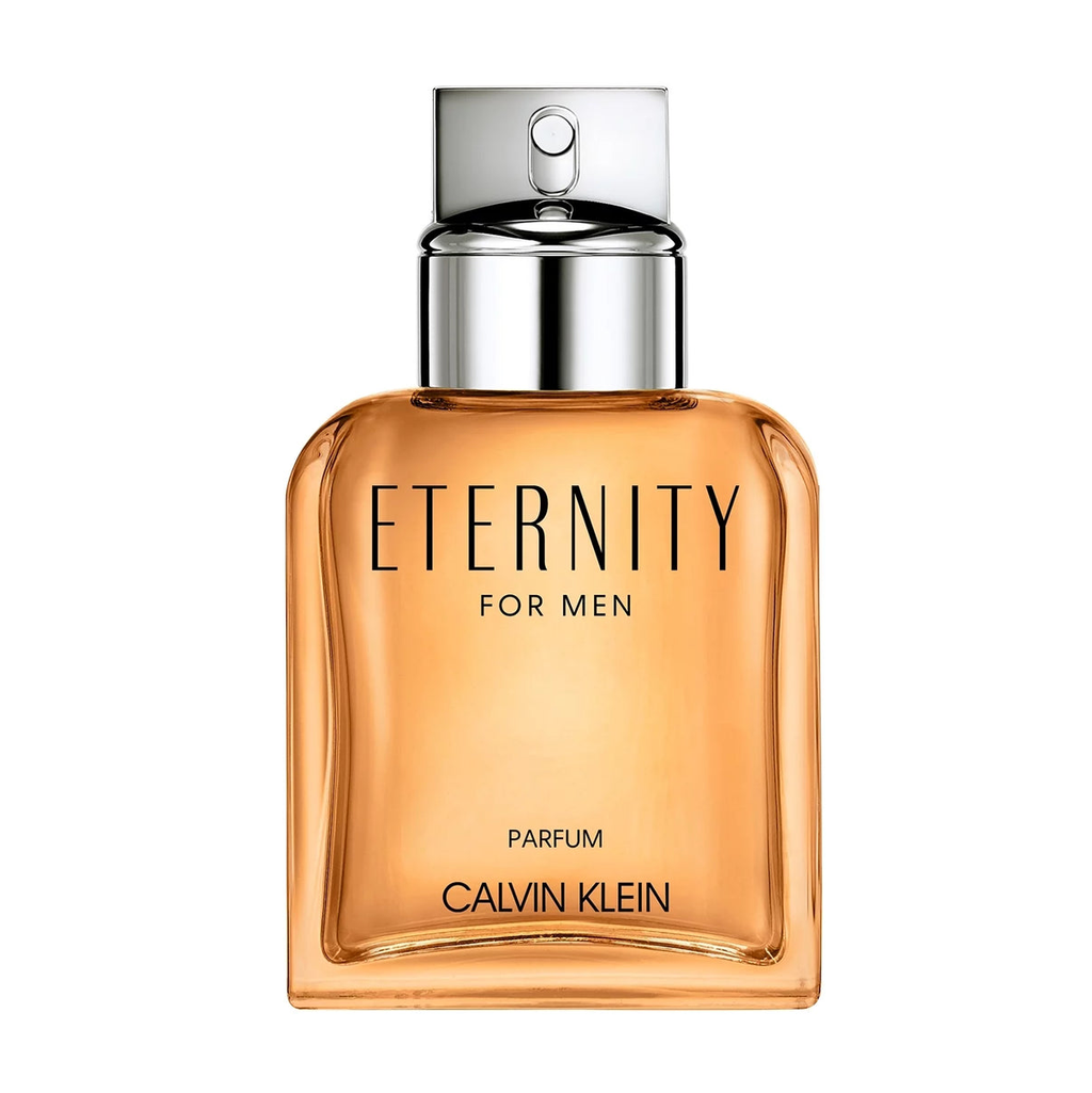 Calvin Klein Eternity Parfum for Men bottle with sleek design and silver cap, displayed on a neutral background.